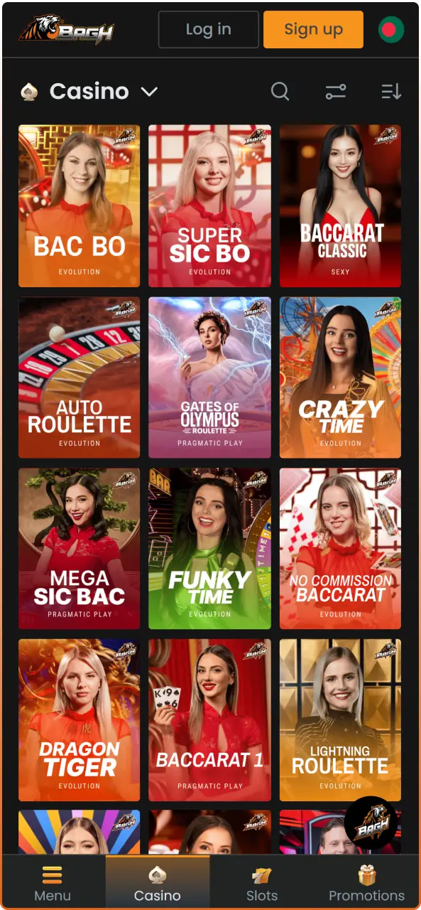 Enter the Bagh App casino section to play high-quality slots and live games.