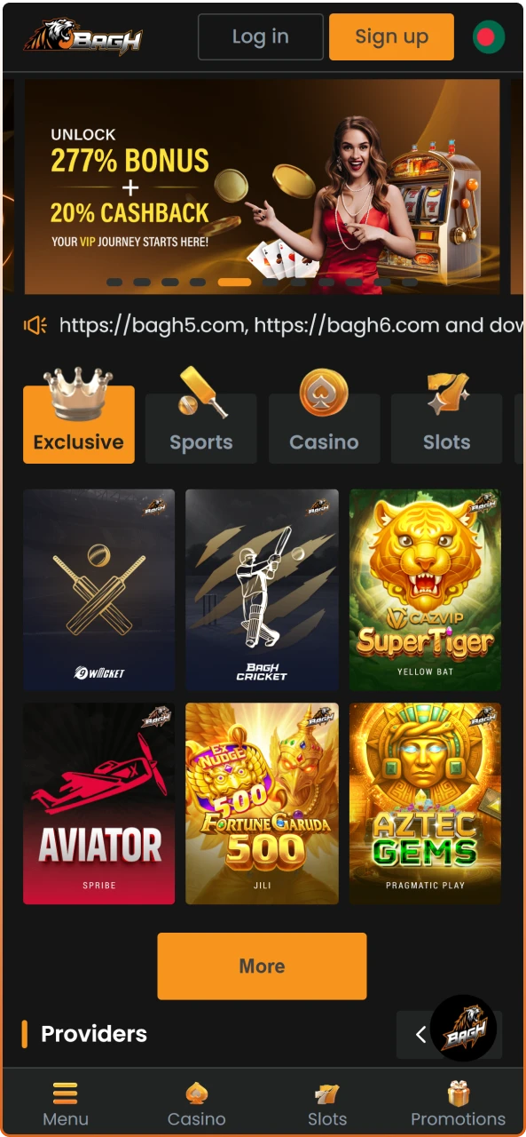 Open the Bagh App main page to explore all available gambling options in Bangladesh.