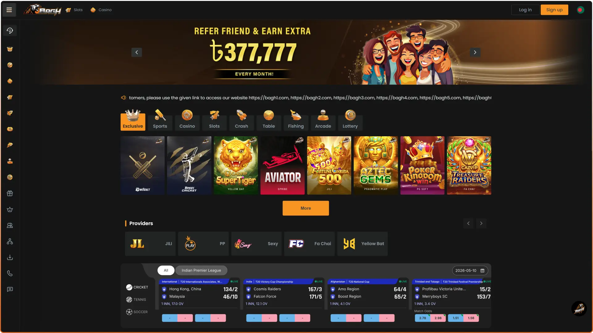 Explore the interface of the Bagh official website main page to start your betting journey.