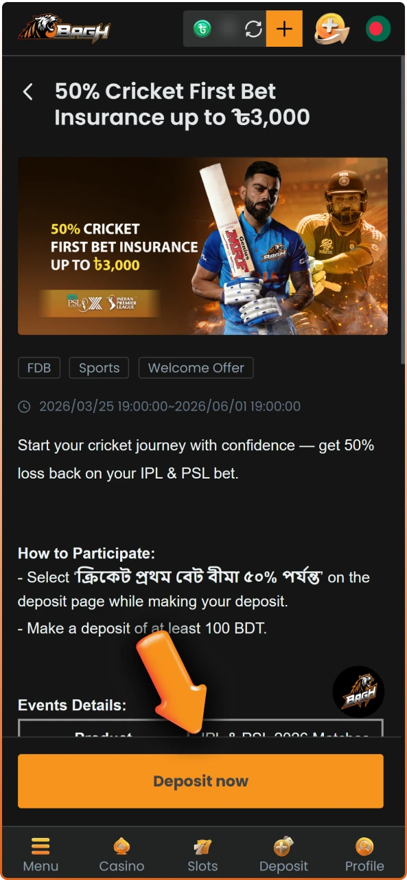 Make a deposit to your balance and prepare to Use Bagh Bonuses for more games.