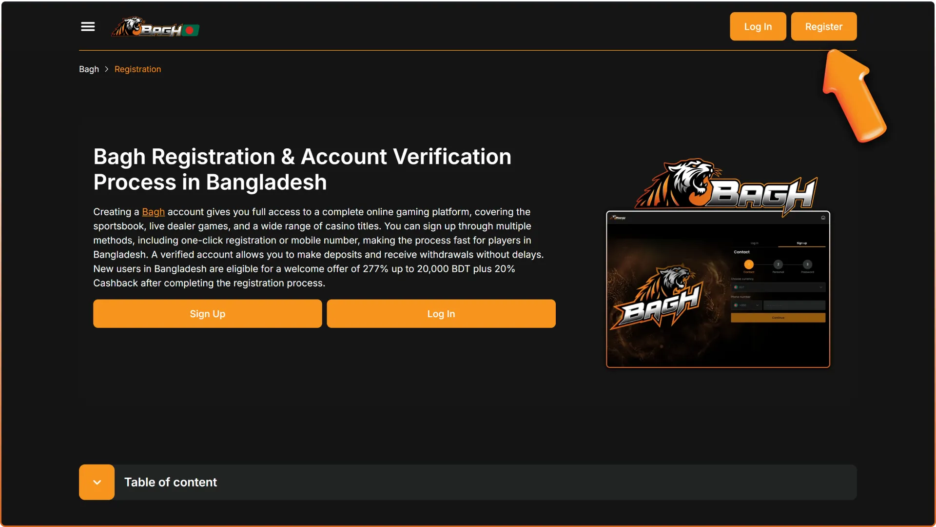 Click the sign up button to initiate your Register on Bagh account creation process.
