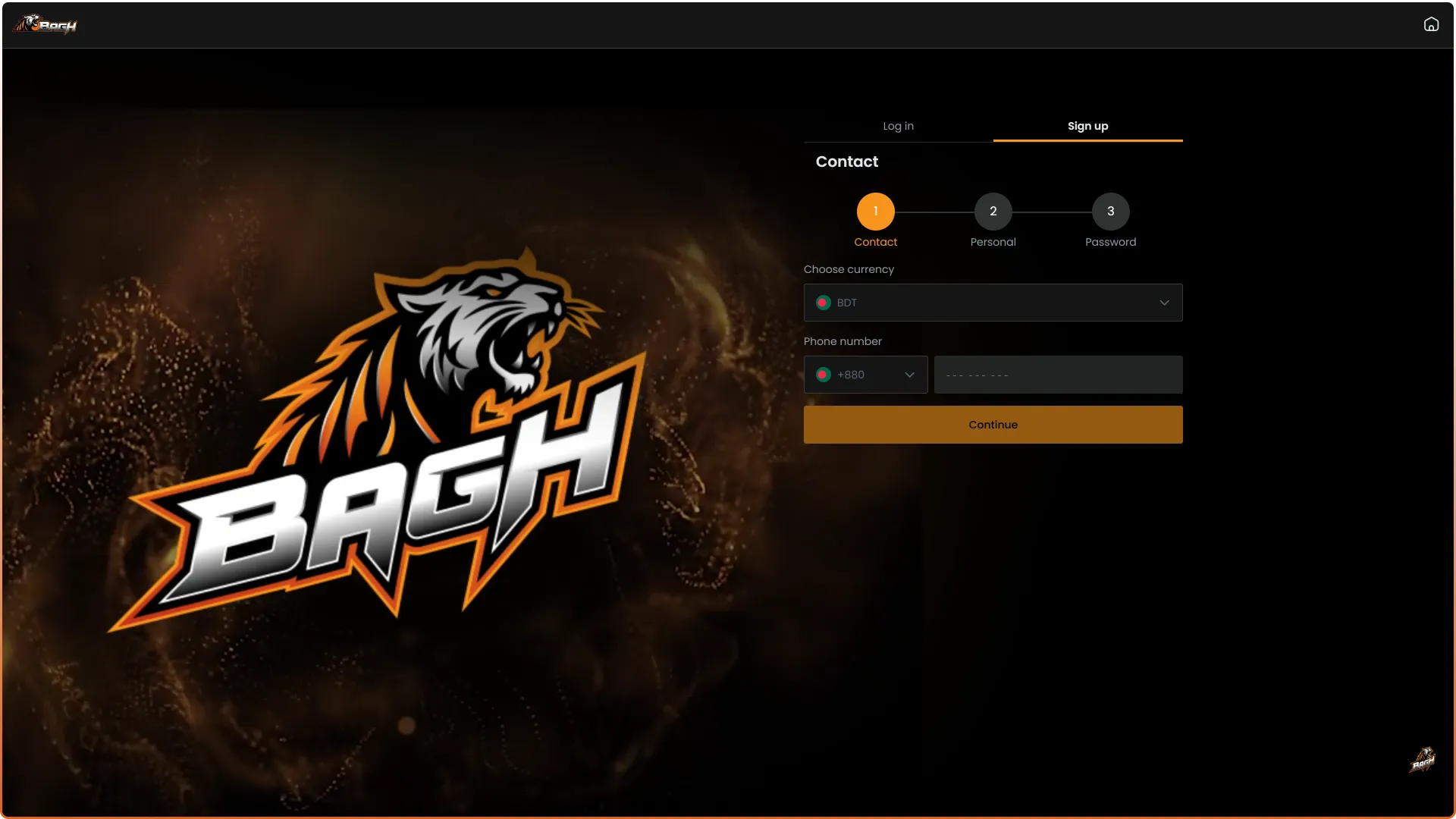 Enter phone number and currency to proceed with the Register on Bagh step for users.
